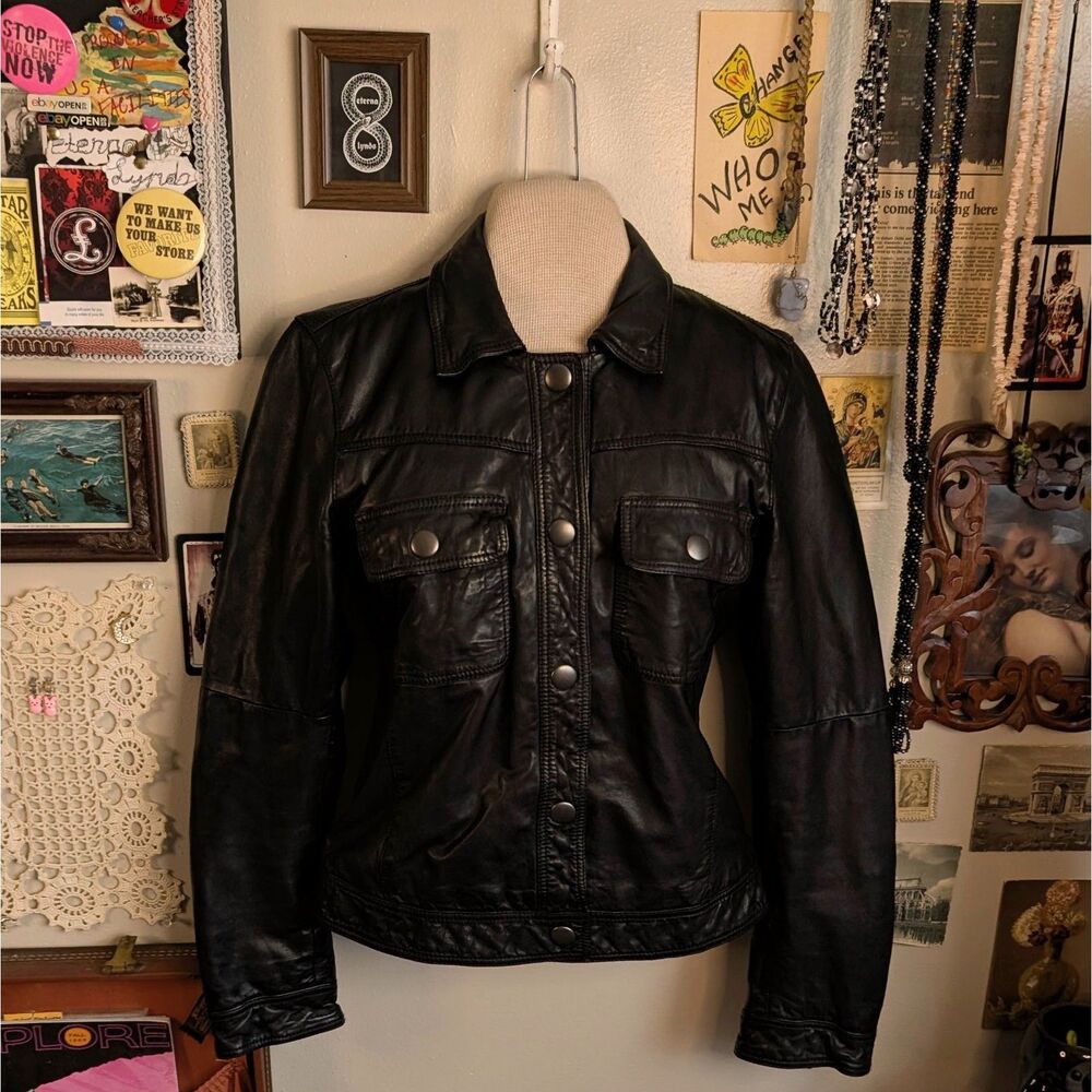 Genuine Leather Button Up Jacket Women's XS Black